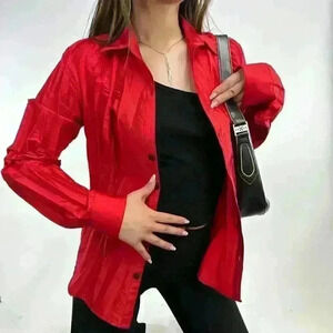 90s vintage style supermodel Red Pleat  blouse